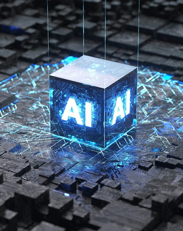 Glowing blue cube with "AI" text, set against a dark, abstract technological background.